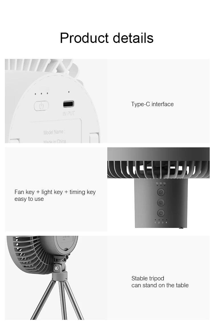 10000mAh 4000mAh Camping Fan Rechargeable Desktop Portable Circulator Wireless Ceiling Electric Fan with Power Bank LED Lighting Camping Rechargeable Fan