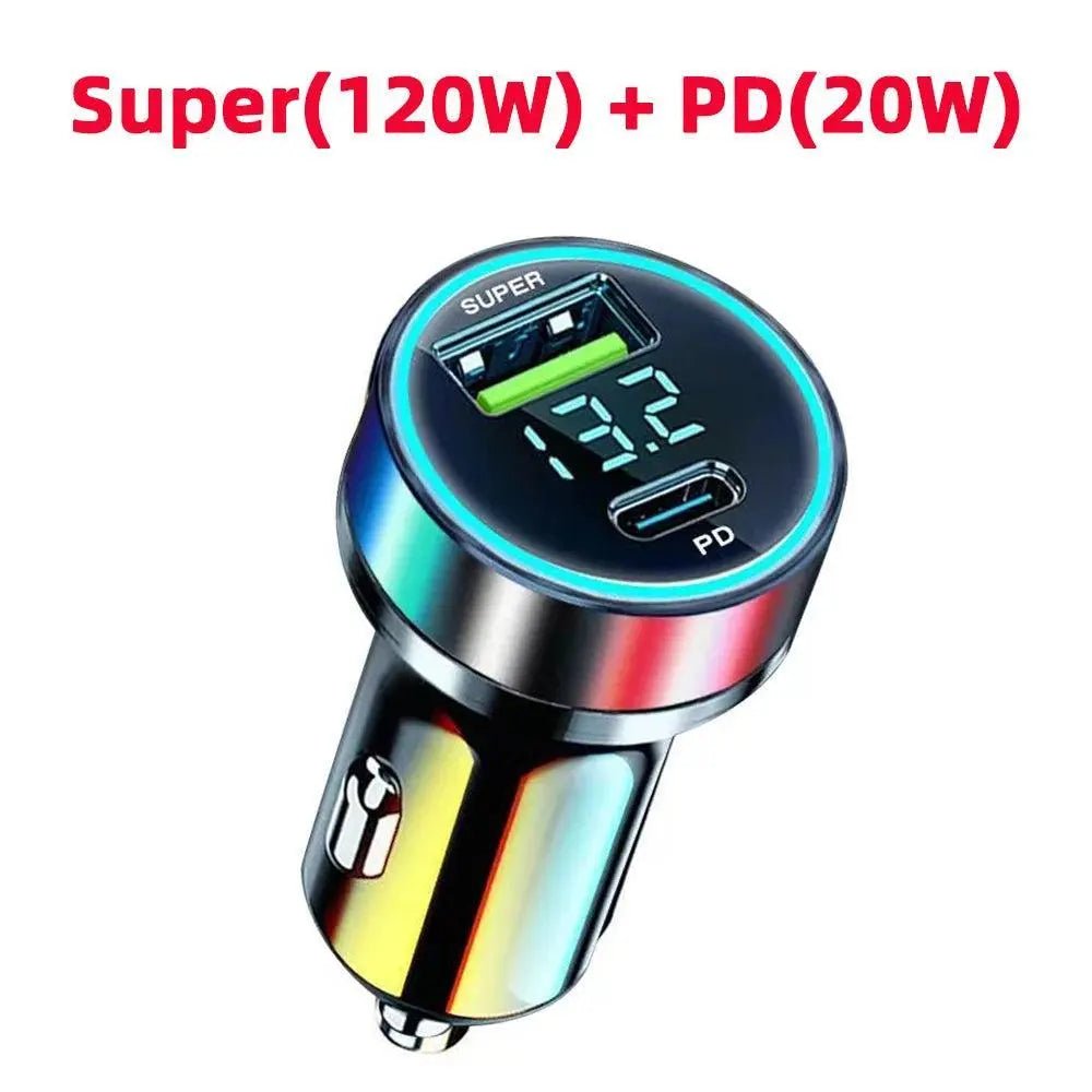 240W Car Charger Dual USB Ports 120W Super Fast Charging with Digital Display Quick Charging Adapter for IPhone Samsung Xiaomi 12v Aux Socket