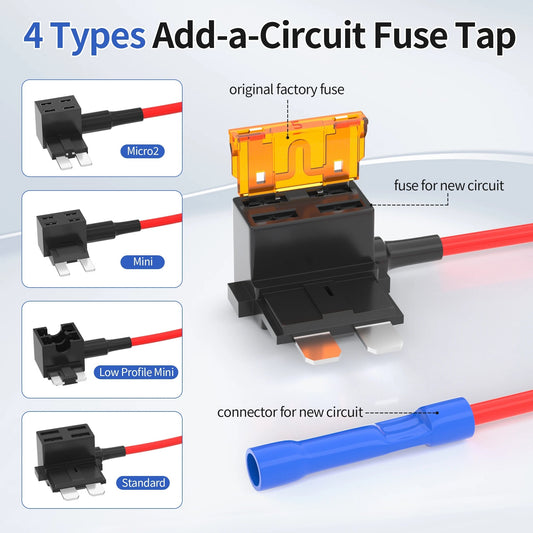 36PCS Fuse Tap 12V 4 Types Add a Fuse Kit with 5A 10A 15A 20A Fuse Standard Low Profile Fuse Tap Adapter Mini and Micro2 for Car