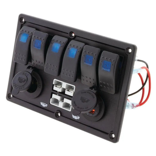 6-Way Switch Panel W/ 50A Plugs Accessory Socket & Dual USB Switch Fascia