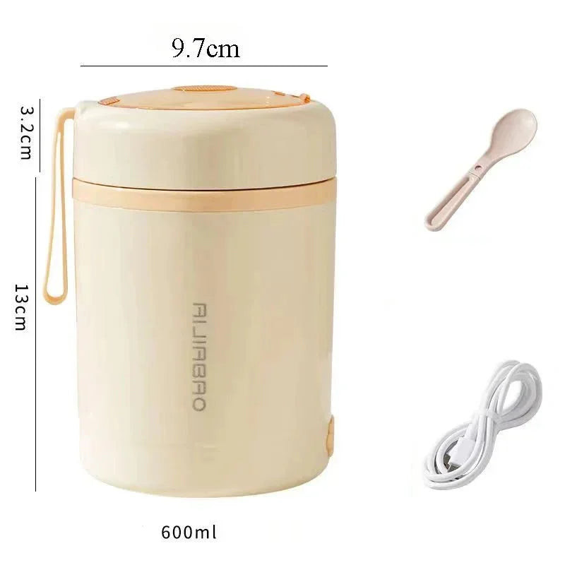 600ML USB Electric Heating Lunch Box Portable Picnic Milk Drink Food Heater Stainless Steel Food Warmer Container 5V 12V 24V Battery Food Warmer