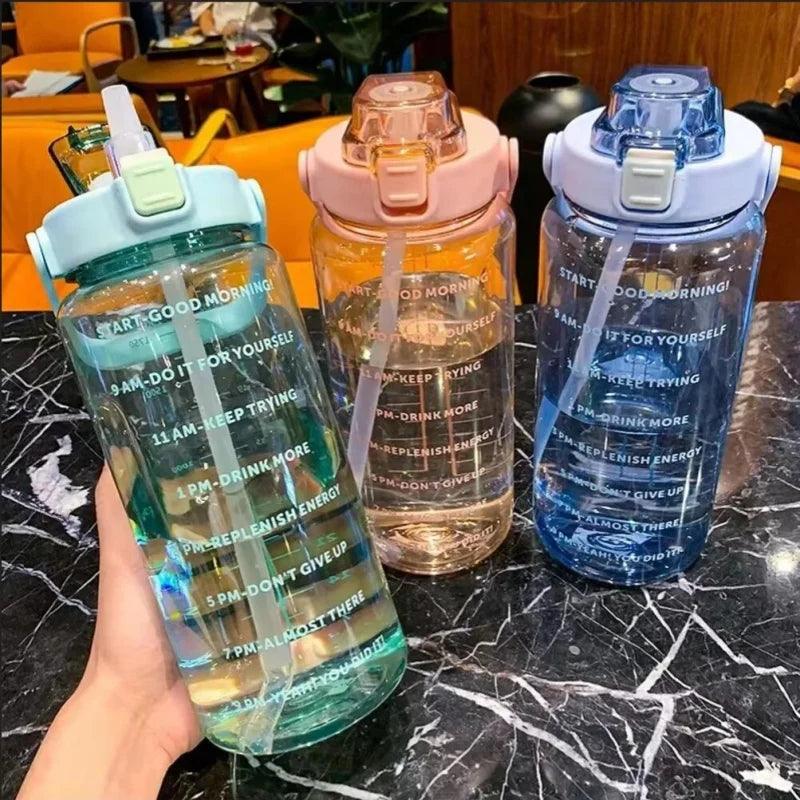 Large Capacity Plastic Straw Portable Sports Straw Water Bottle With Time Marker 2L Large Capacity Cup,Water Jug With Handle