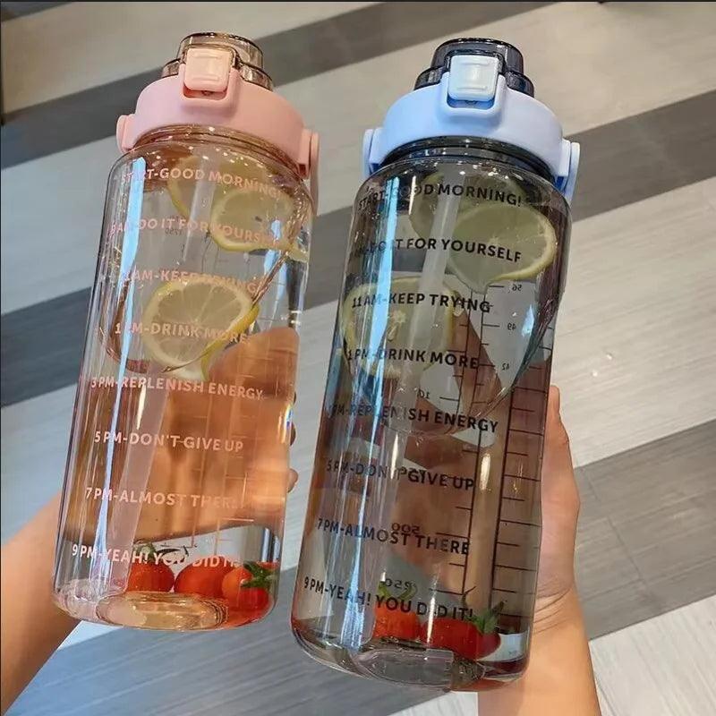 Large Capacity Plastic Straw Portable Sports Straw Water Bottle With Time Marker 2L Large Capacity Cup,Water Jug With Handle