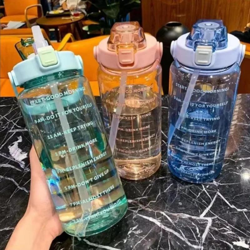 Large Capacity Plastic Straw Portable Sports Straw Water Bottle With Time Marker 2L Large Capacity Cup,Water Jug With Handle