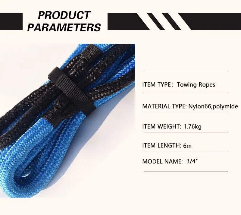 Black 3/4"*20ft Kinetic Rope,19mm*6m Energy Rope,Double braided Recovery Rope,Towing Ropes Kinetic Rope