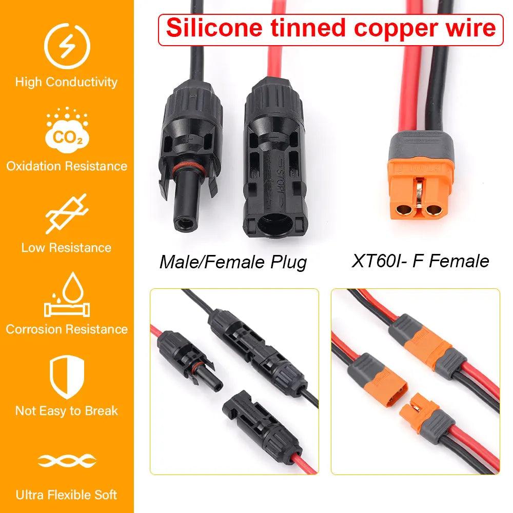 Solar Connector to XT60I - F Adapter 12AWG Cable Connect Solar Panel Charge Cable 1/2/3M for Generator Portable Power Station - Solar Cable - Open Cut Off - Grid