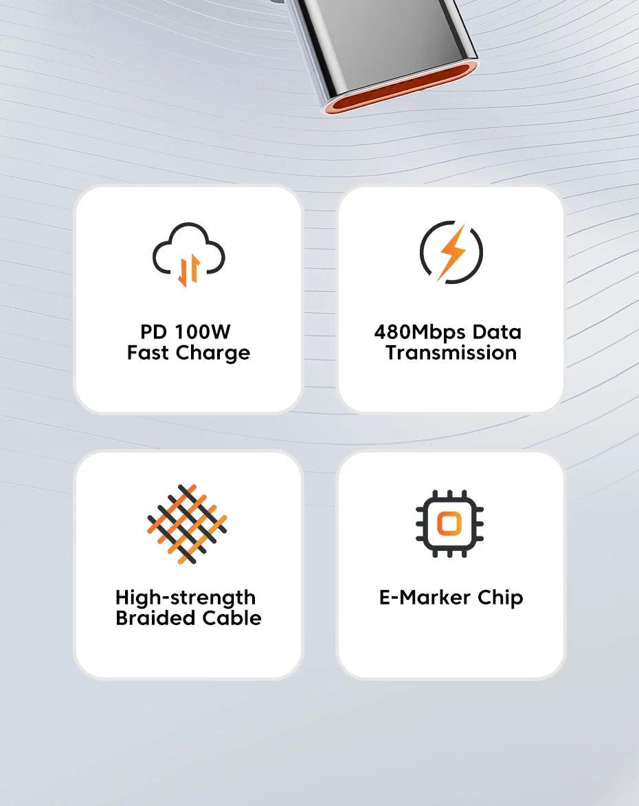 100W Type C to USB C Cable PD 3.0 Quick Charge 4.0 Fast Charging Type C to Type C for iPhone 15 Macbook Samsung Xiaomi - Charging Cable - Open Cut Off - Grid