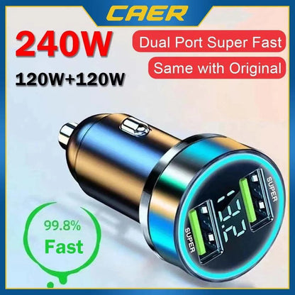 240W Car Charger Dual USB Ports 120W Super Fast Charging with Digital Display Quick Charging Adapter for IPhone Samsung Xiaomi 12v Aux Socket
