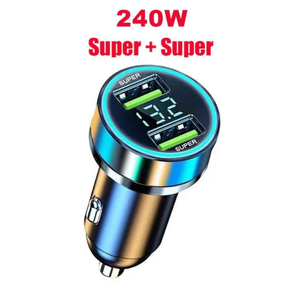 240W Car Charger Dual USB Ports 120W Super Fast Charging with Digital Display Quick Charging Adapter for IPhone Samsung Xiaomi 12v Aux Socket
