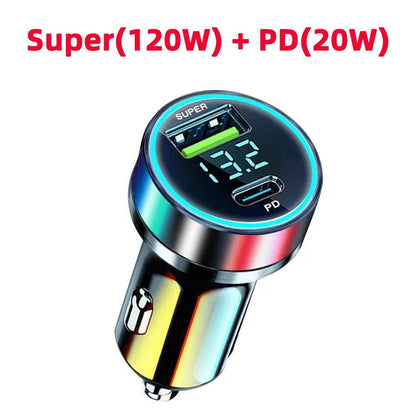 240W Car Charger Dual USB Ports 120W Super Fast Charging with Digital Display Quick Charging Adapter for IPhone Samsung Xiaomi 12v Aux Socket