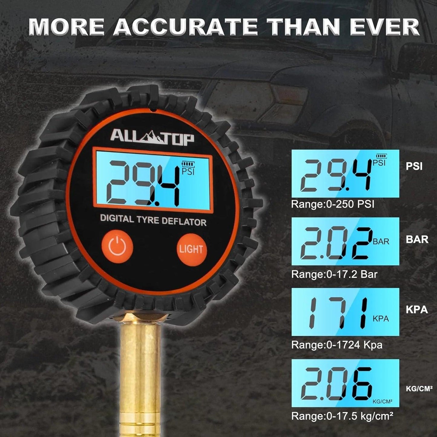 250PSI Digital Tire Pressure Inflator Gauge Aluminum Alloy LCD Tyre Pressure Meter Tyre Inflator Deflator