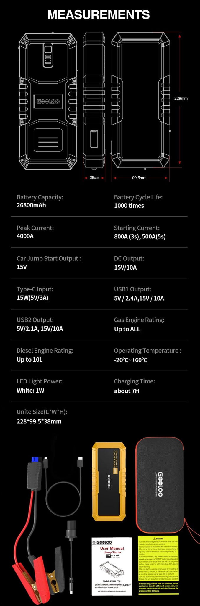 4000A Start Power Bank 26800mAh Jump Starter Car Booster External Battery 12V Starting Device for Petrol Diesel Powerbank Portable Jump Starter