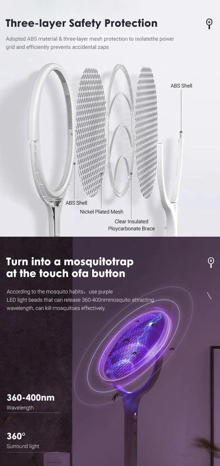 5 In 1 Fast Charging Racket Kill Fly Bug Safety Insulated Battery Powered Lamp ABS Adjustable Electric Mosquito Swatter Bug Zapper