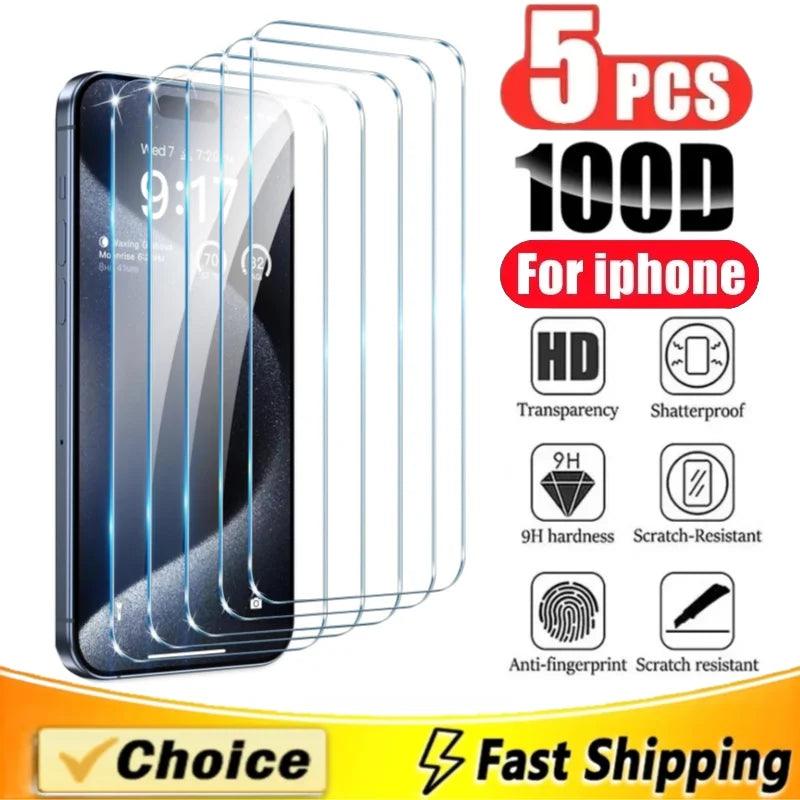 5pcs Tempered Glass For iPhone 15 Pro Max Screen Protector For iphone 14 13 12 11 16 7 8 Plus X XR XS Max Mini Protective Glass - Screen Protector - Open Cut Off - Grid