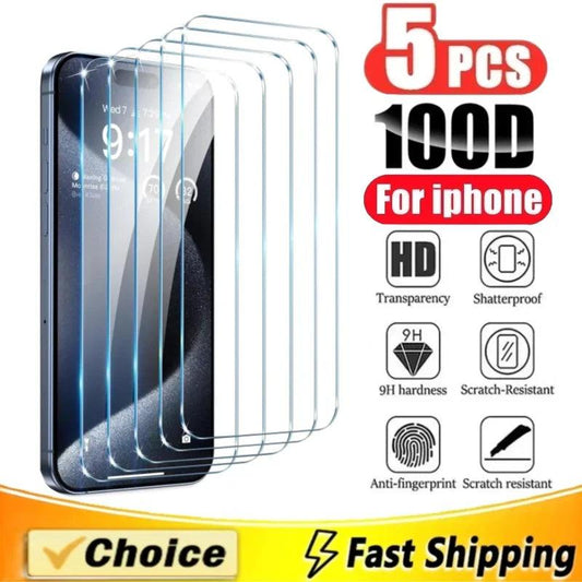 5pcs Tempered Glass For iPhone 15 Pro Max Screen Protector For iphone 14 13 12 11 16 7 8 Plus X XR XS Max Mini Protective Glass - Screen Protector - Open Cut Off - Grid