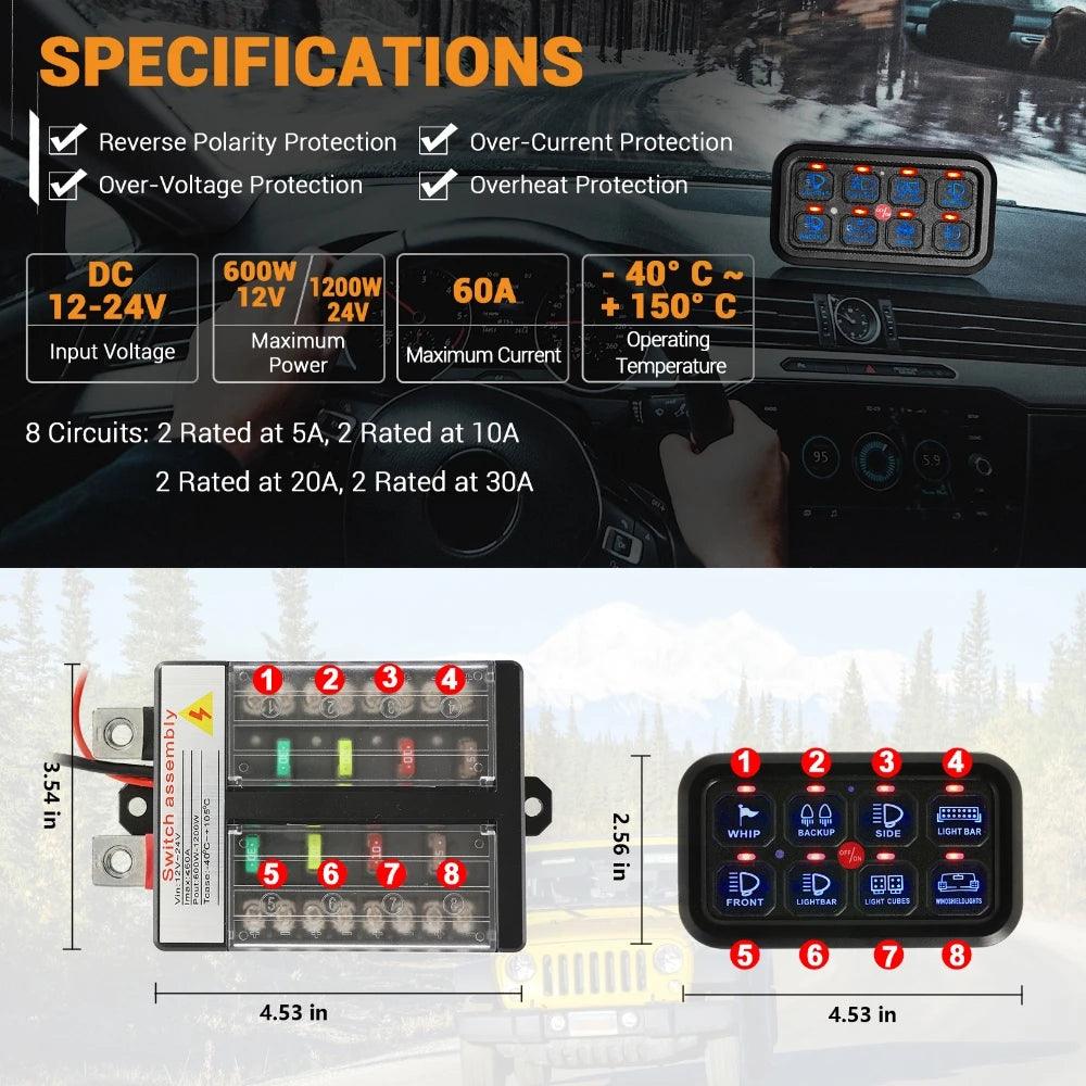 8 Gang On-Off Switch Panel LED Backlight Universal Power System Electronic Relay System Controller for SUV CAMPER RV MARINE Switch Panel