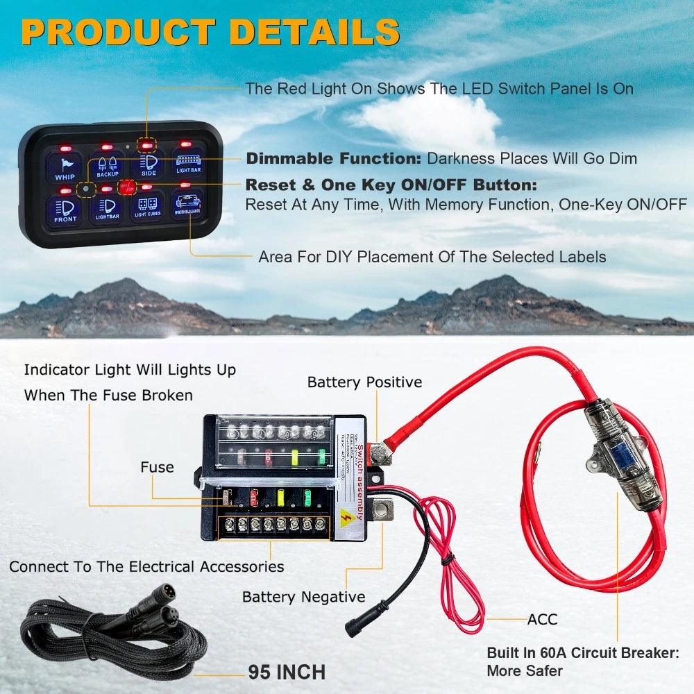 8 Gang On-Off Switch Panel LED Backlight Universal Power System Electronic Relay System Controller for SUV CAMPER RV MARINE Switch Panel