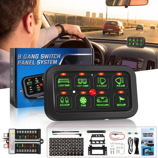 8 Gang On - Off Switch Panel LED Backlight Universal Power System Electronic Relay System Controller for SUV CAMPER RV MARINE - Switch Panel - Open Cut Off - Grid