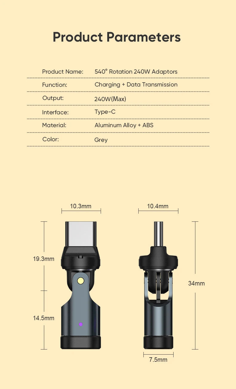 AUFU PD240W OTG USB C to Type C Adapter 540 Rotation Type-C Male to Female Converter for Macbook Xiaomi Samsung OTG Connector