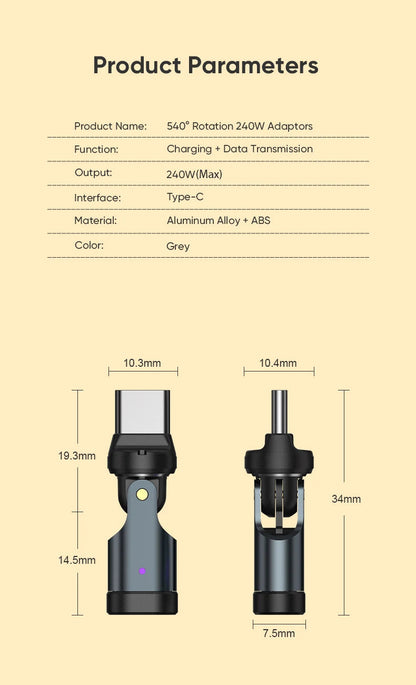 AUFU PD240W OTG USB C to Type C Adapter 540 Rotation Type-C Male to Female Converter for Macbook Xiaomi Samsung OTG Connector Open Cut Off-Grid