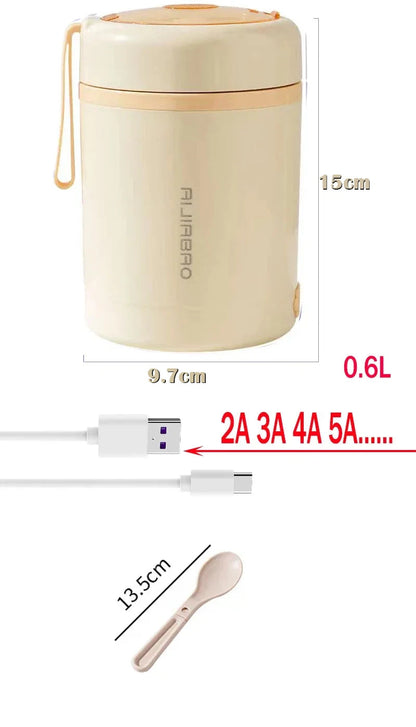 600ML USB Electric Heating Lunch Box Portable Picnic Milk Drink  Food Heater Stainless Steel Food Warmer Container 5V 12V 24V Open Cut Off-Grid