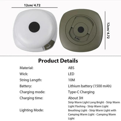 LED Rechargeable Camping Lamp Atmosphere 10M IPX4 Waterproof Recyclable Light Belt Outdoor Garden Decoration Lamp for Tent Room Open Cut Off-Grid