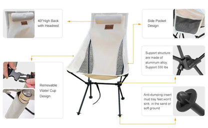 WESTTUNE Portable Folding Camping Chair with Headrest Lightweight Tourist Chairs Aluminum Alloy Fishing Chair Outdoor Furniture Open Cut Off-Grid