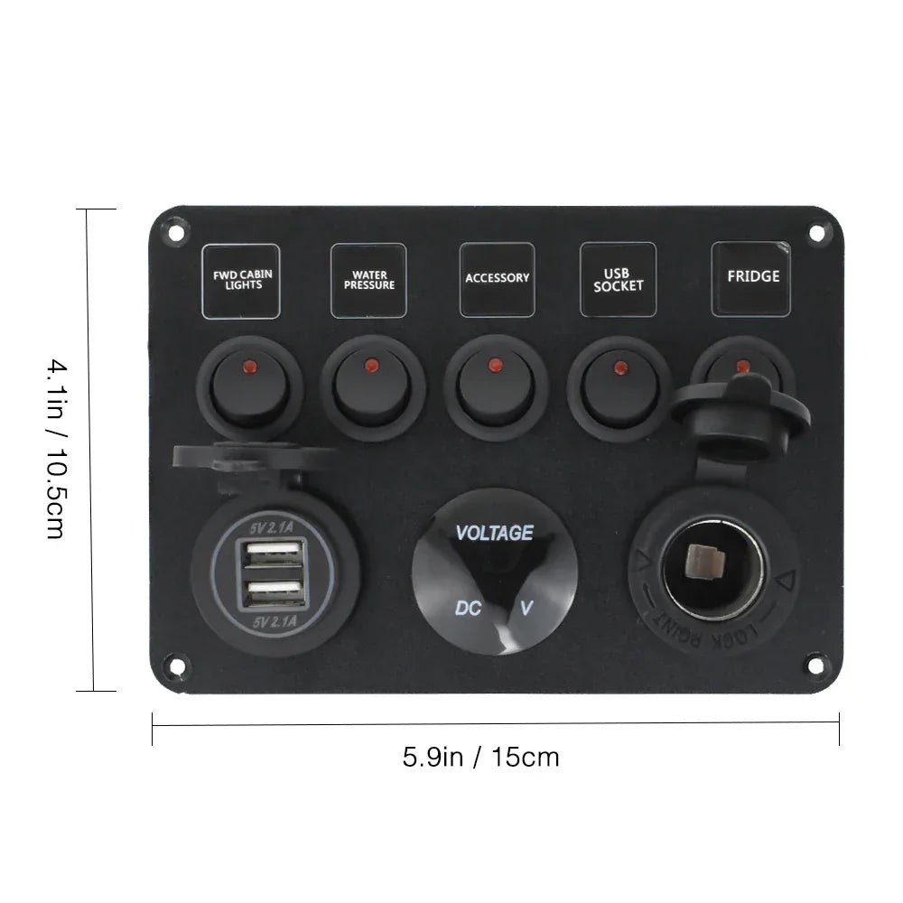Boat Switch Panel Car Switch Panel Waterproof Digital Voltmeter Dual USB Port 12V Outlet Combination Marine LED Rocker 5 Gang