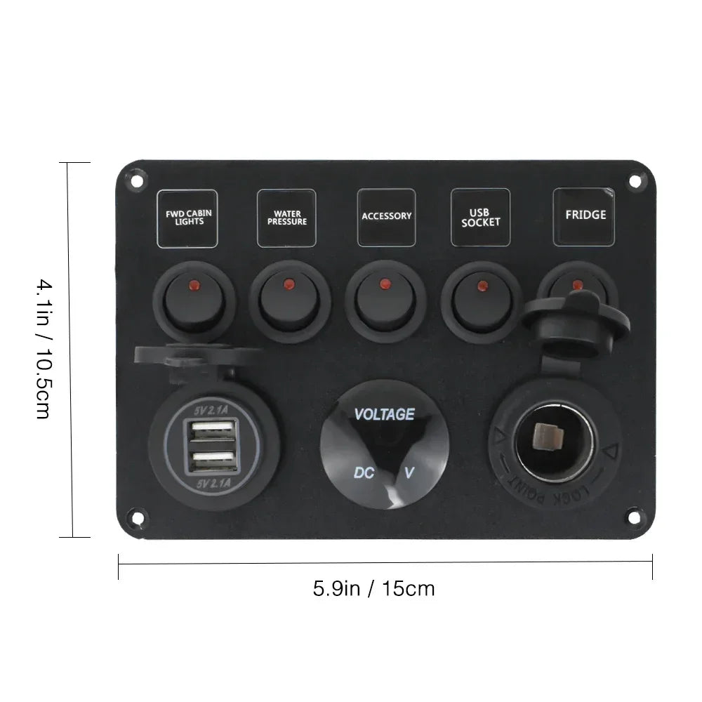 Boat Switch Panel Car Switch Panel Waterproof Digital Voltmeter Dual USB Port 12V Outlet Combination Marine LED Rocker 5 Gang