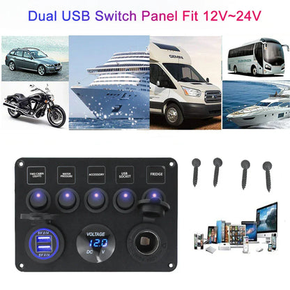 Boat Switch Panel Car Switch Panel Waterproof Digital Voltmeter Dual USB Port 12V Outlet Combination Marine LED Rocker 5 Gang