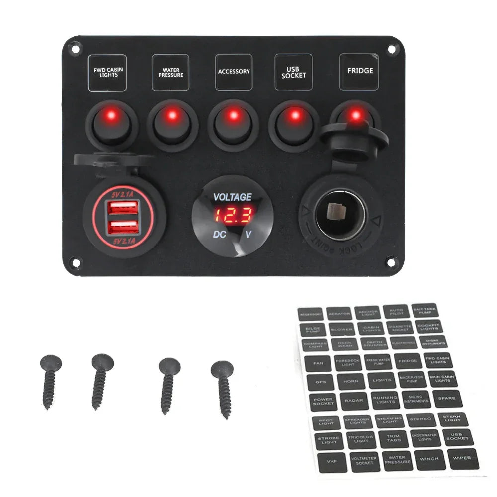 Boat Switch Panel Car Switch Panel Waterproof Digital Voltmeter Dual USB Port 12V Outlet Combination Marine LED Rocker 5 Gang