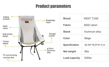 WESTTUNE Portable Folding Camping Chair with Headrest Lightweight Tourist Chairs Aluminum Alloy Fishing Chair Outdoor Furniture Open Cut Off-Grid