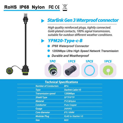 50/100cm Starlink Ethernet Adapter Gen 3 Mini Starlink Cable Extension to RJ45 Coupler Waterproof with Starlink Gen 3 Dish Open Cut Off-Grid