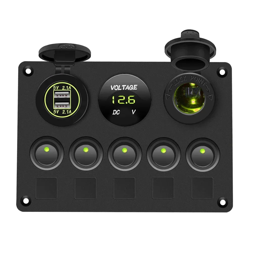 Boat Switch Panel Car Switch Panel Waterproof Digital Voltmeter Dual USB Port 12V Outlet Combination Marine LED Rocker 5 Gang