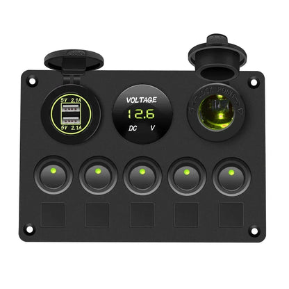 Boat Switch Panel Car Switch Panel Waterproof Digital Voltmeter Dual USB Port 12V Outlet Combination Marine LED Rocker 5 Gang