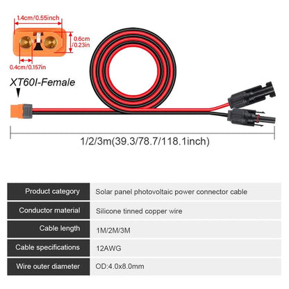 Solar Connector to XT60I- F Adapter 12AWG Cable Connect Solar Panel Charge Cable 1/2/3M for Generator Portable Power Station