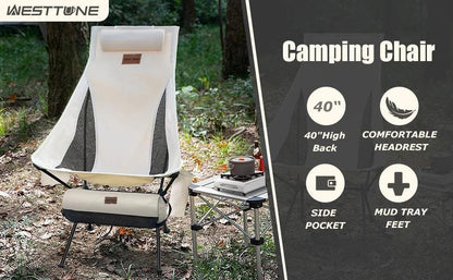 WESTTUNE Portable Folding Camping Chair with Headrest Lightweight Tourist Chairs Aluminum Alloy Fishing Chair Outdoor Furniture Open Cut Off-Grid