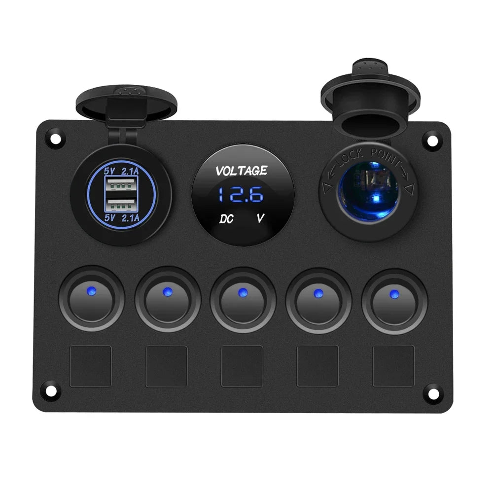 Boat Switch Panel Car Switch Panel Waterproof Digital Voltmeter Dual USB Port 12V Outlet Combination Marine LED Rocker 5 Gang