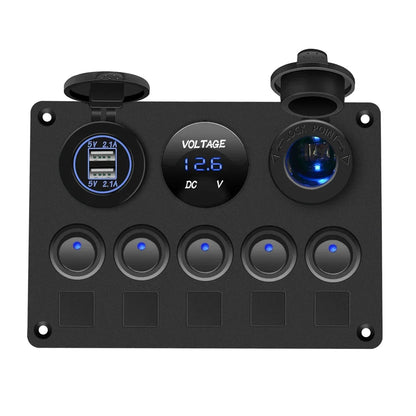 Boat Switch Panel Car Switch Panel Waterproof Digital Voltmeter Dual USB Port 12V Outlet Combination Marine LED Rocker 5 Gang
