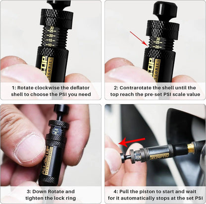 Auto-Stop Tire Deflator Valve Kit (10-30 PSI) 4 PCS Screw-on Tyre Air Down Tool Vehicles Motorcycle Offroad 4x4 Tyre Deflator