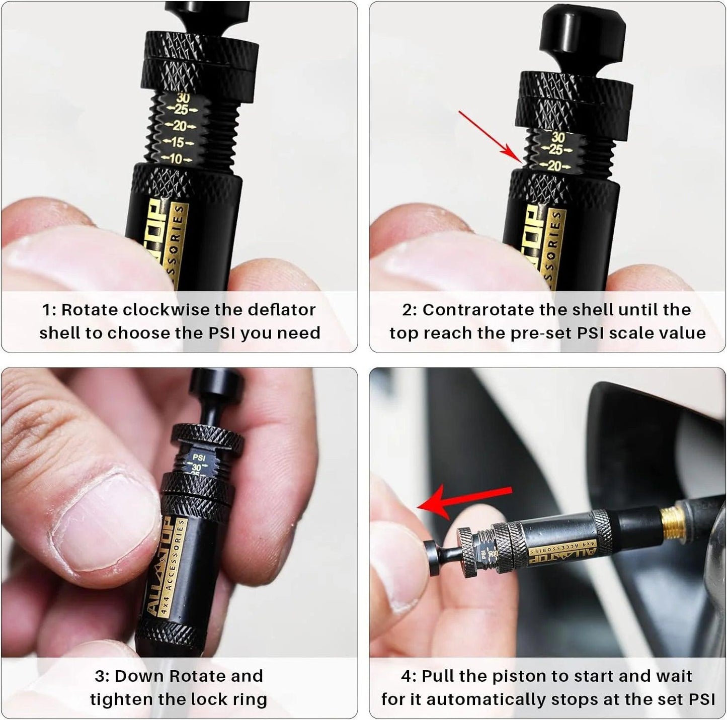 Auto-Stop Tire Deflator Valve Kit (10-30 PSI) 4 PCS Screw-on Tyre Air Down Tool Vehicles Motorcycle Offroad 4x4 Tyre Deflator