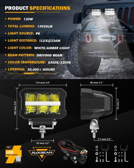 AUXBEAM 4.5 inch LED Work Light 120W 13920LM Light Pod with WHITE DRL & AMBER TURN SIGNAL Offroad Driving Fog Lamp - LED Work Lamps - Auxbeam