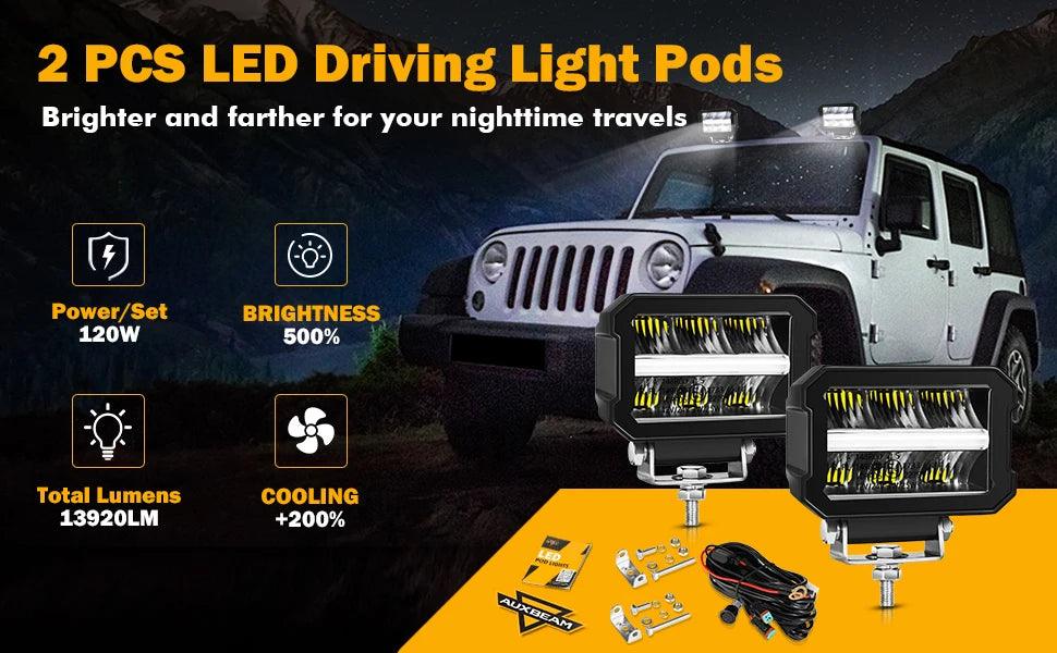 AUXBEAM 4.5 inch LED Work Light 120W 13920LM Light Pod with WHITE DRL & AMBER TURN SIGNAL Offroad Driving Fog Lamp - LED Work Lamps - Auxbeam