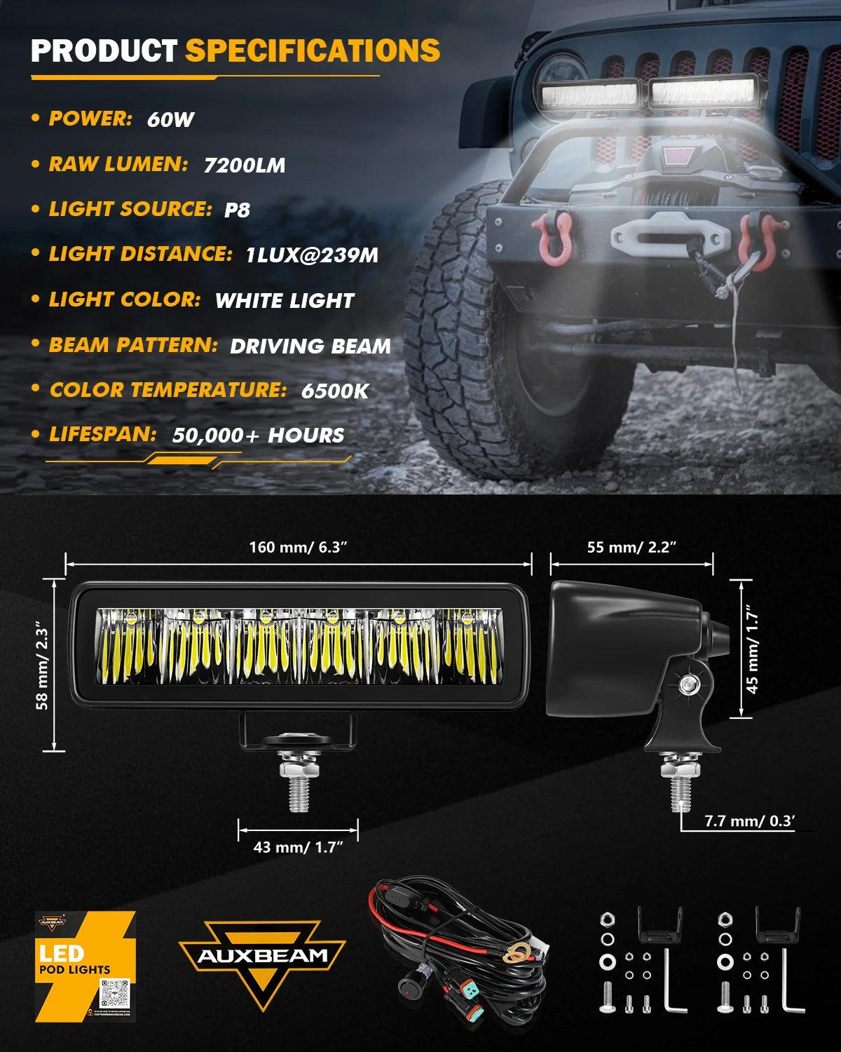 AUXBEAM 6.3 inch LED Work Light Driving Fog Lamp 60W 7200LM White Light Pod with Wire Harness for Offroad Truck SUV ATV UTV Boat - LED Work Lamps - Auxbeam