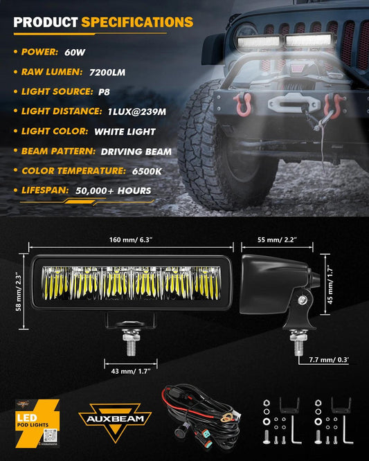 AUXBEAM 6.3 inch LED Work Light Driving Fog Lamp 60W 7200LM White Light Pod with Wire Harness for Offroad Truck SUV ATV UTV Boat - LED Work Lamps - Auxbeam