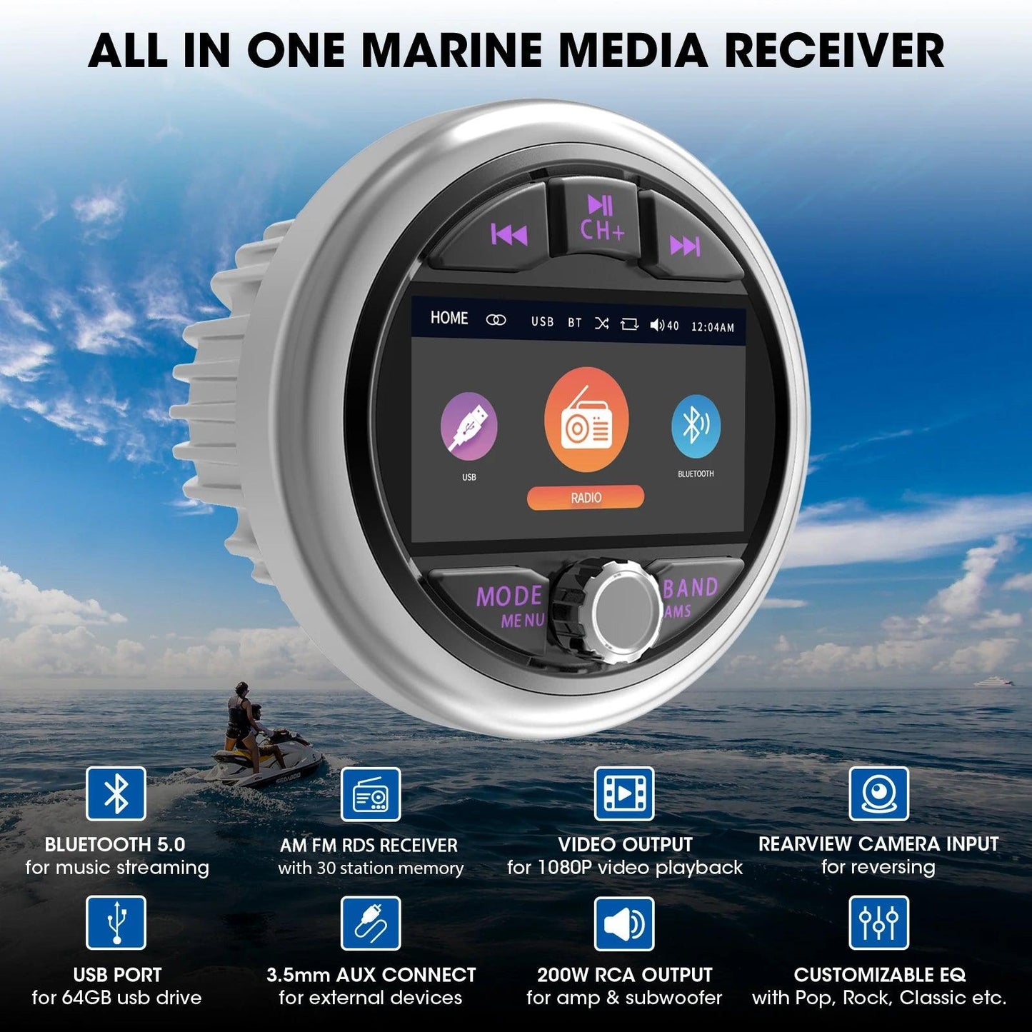 Boat Radio MP5 Marine Source Media Player AM FM RDS Receiver MP3 Stereo MP4 Video Play Bluetooth for ATV UTV SPA RZR Marine Radio