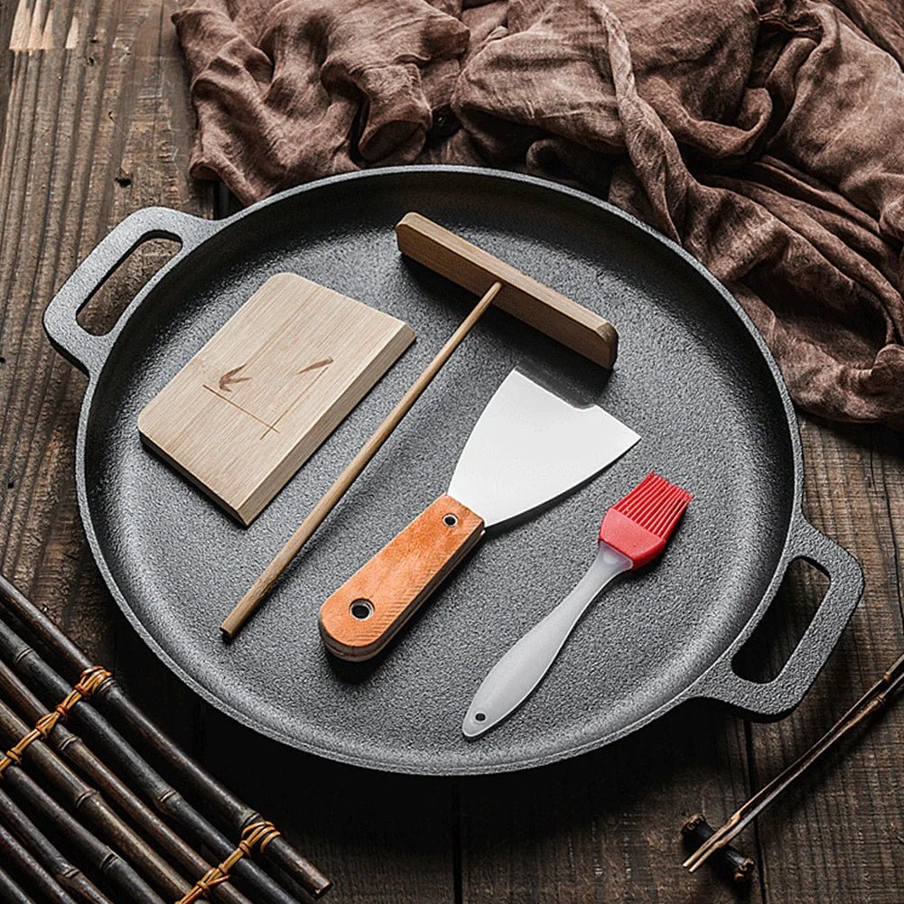 Cast Iron Frying Pan For Home Use Pizza Pancake Fry Pan Non - Stick Round Griddle For Crepes Camping BBQ Grill for Outdoor Cookwar - Frying Pan - Open Cut Off - Grid