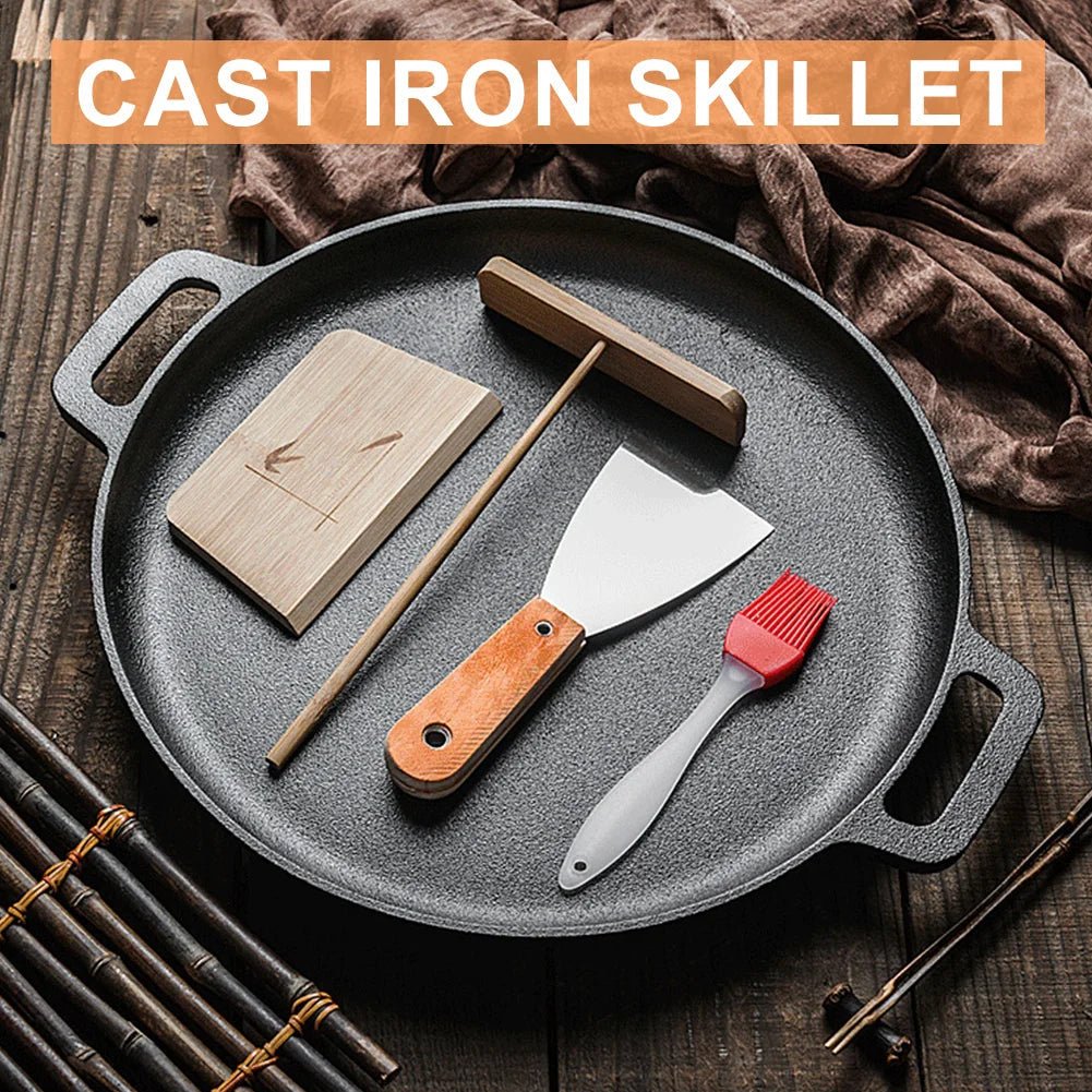 Cast Iron Frying Pan For Home Use Pizza Pancake Fry Pan Non - Stick Round Griddle For Crepes Camping BBQ Grill for Outdoor Cookwar - Frying Pan - Open Cut Off - Grid