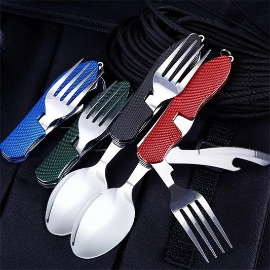 Foldable Camping Utensil Set - Multi - Functional Knife, Fork, Spoon Combo For Outdoor Activities And Sports Camping Picnic Travel - Camping Utensils - Open Cut Off - Grid