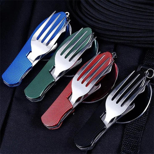 Foldable Camping Utensil Set - Multi - Functional Knife, Fork, Spoon Combo For Outdoor Activities And Sports Camping Picnic Travel - Camping Utensils - Open Cut Off - Grid